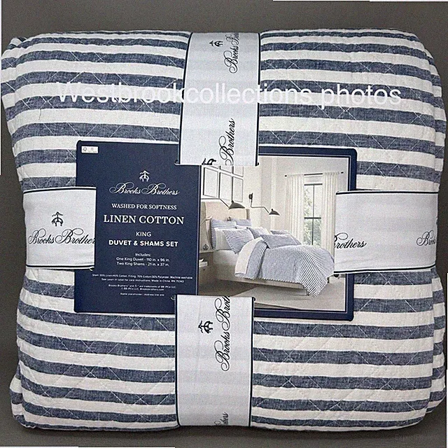 3pc Brooks Brothers DUVET SHAM SET Linen Blend KING Quilted ~ Navy Stripe