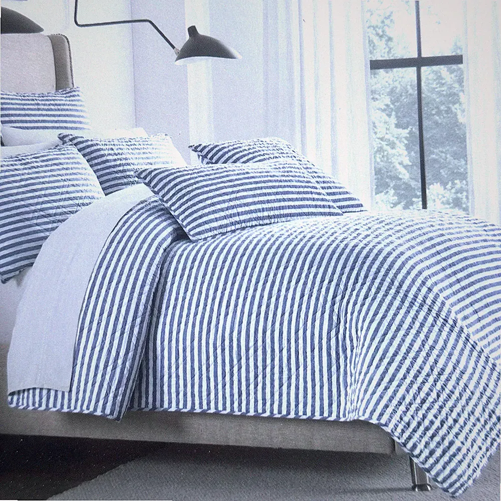 3pc BROOKS BROTHERS Linen Blend FULL QUEEN Quilt Sham Set Blue White Stripes NEW