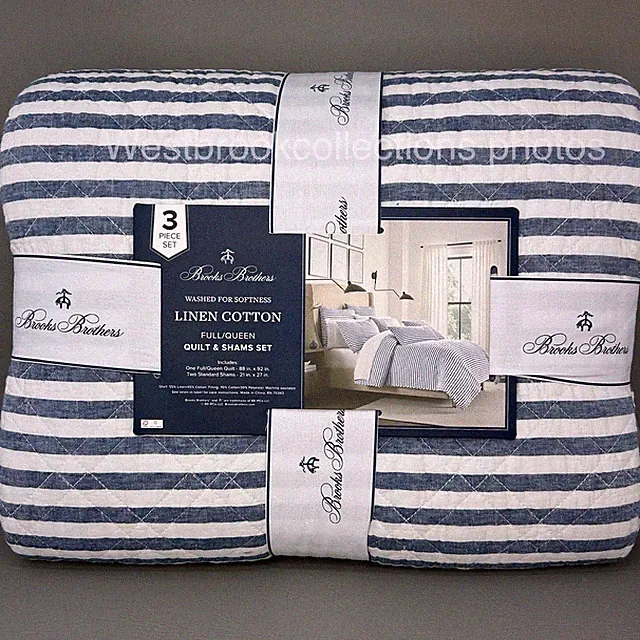 3pc Brooks Brothers QUILT & SHAM SET Linen Blend FULL QUEEN Navy White Stripe