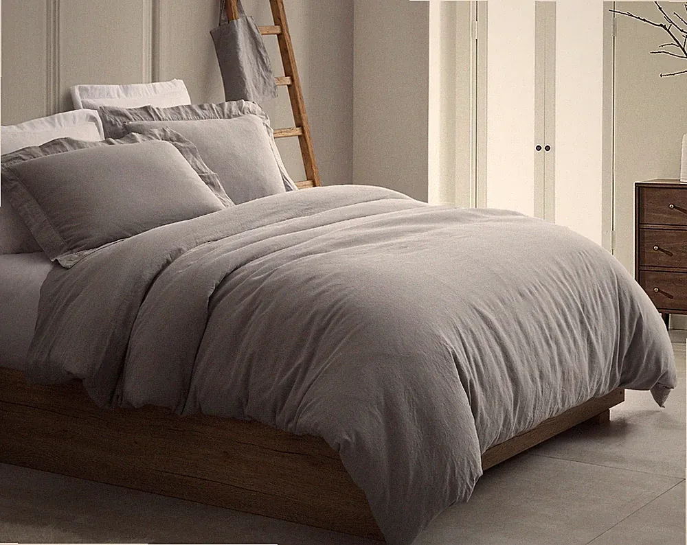3pc Duvet Cover Bedding Set – Linen Cotton with Hemstitch Design - Gray