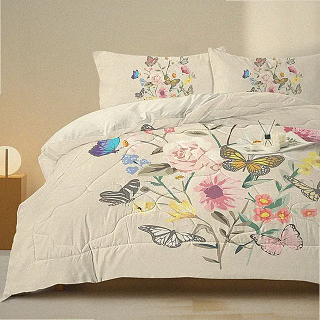 3PCSFloral Comforter Set Soft Colorful Butterfly Bedding Set All Season Warm