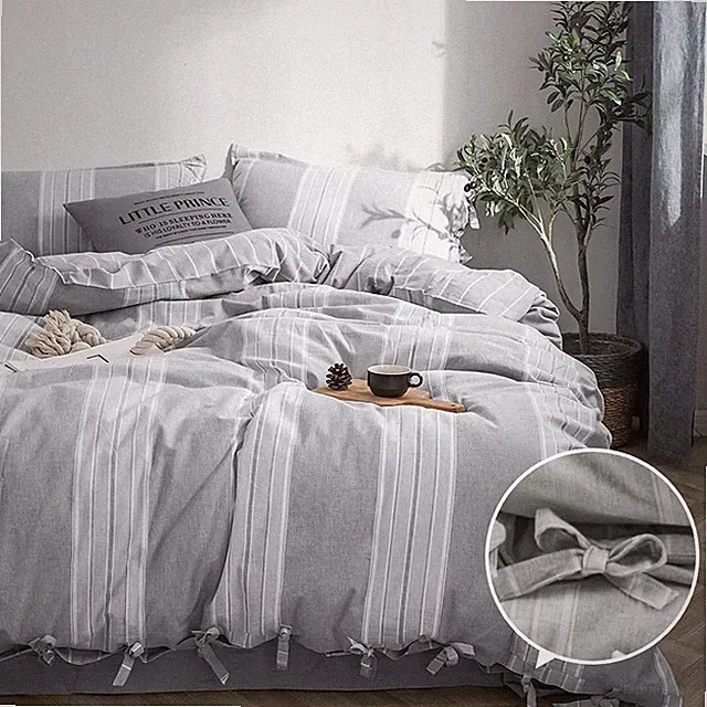 BISELINA Striped Duvet Cover Set 3pcs 100% Washed Cotton Linen Like Textured...