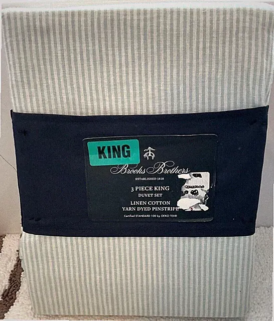 Brooks Brother KING 4pc Linen Cotton Striped Duvet Cover Sheet Pillowcases NIP