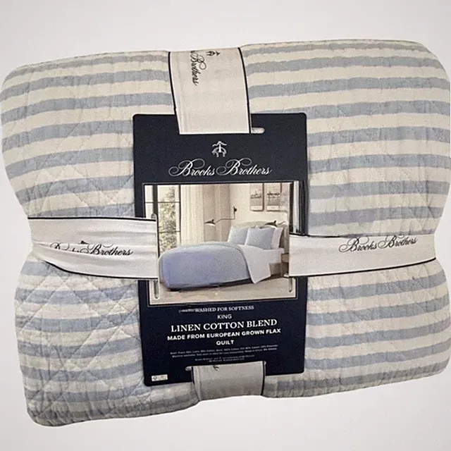 Brooks Brothers Linen Cotton King Blue and White Striped Quilt 106”x92”