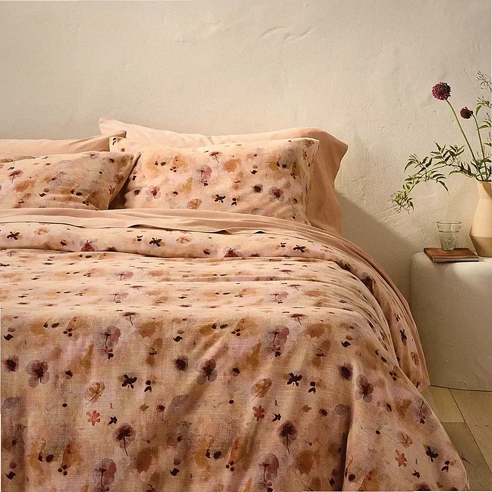 Casaluna Pink Pressed Floral Linen Rayon Heavyweight Queen Duvet Cover Set NWOT