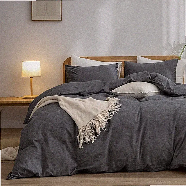 Chic Black Queen Duvet Cover Set - 100% Soft Washed Cotton Linen Feel 3 Pcs