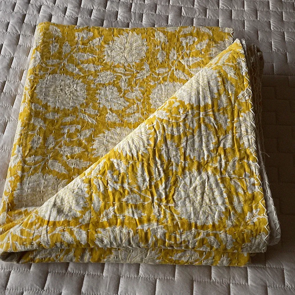 Creative Co-Op Kantha Stitch Throw Blanket Yellow & Natural Cotton Linen Blend