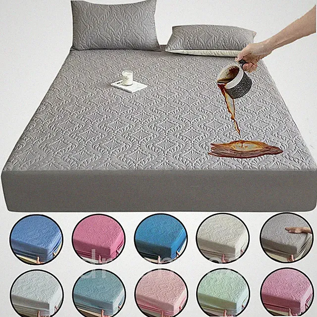 Embossed Fitted Sheet Quilted Mattress Protector Anti-Mite Breathable Bed Linen