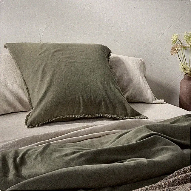 Euro Heavyweight Linen Blend Comforter Pillow Sham Olive Green - Casaluna