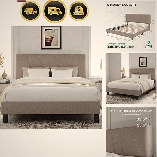 King Bed Frame Adjustable Headboard Linen Fabric No Box Spring Needed