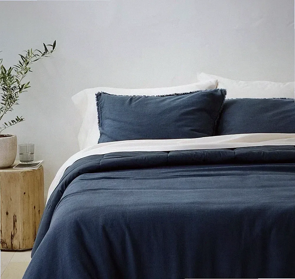 King Heavyweight Linen Blend Comforter and Sham Set Dark Mineral Blue - Casaluna