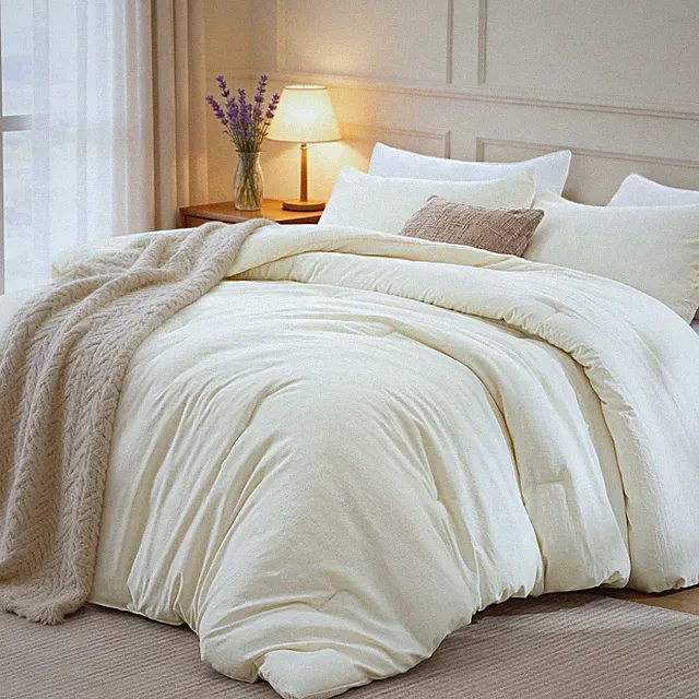King Size Comforter Set Beige, 3-Piece 90% Polyester 10% Linen Blend Bedding Set