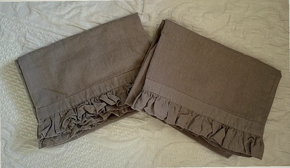 Linen Blend Pillowcases Ruffled Taupe Tan Farmhouse Cottage Shabby Chic NWOT