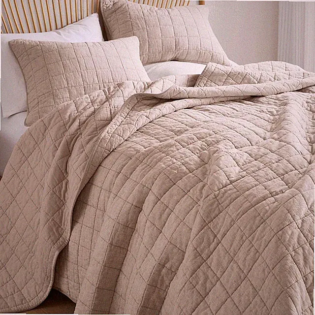 Linen Quilt Set King Size - Breathable Box Stitched European Flax Bedding Set fo