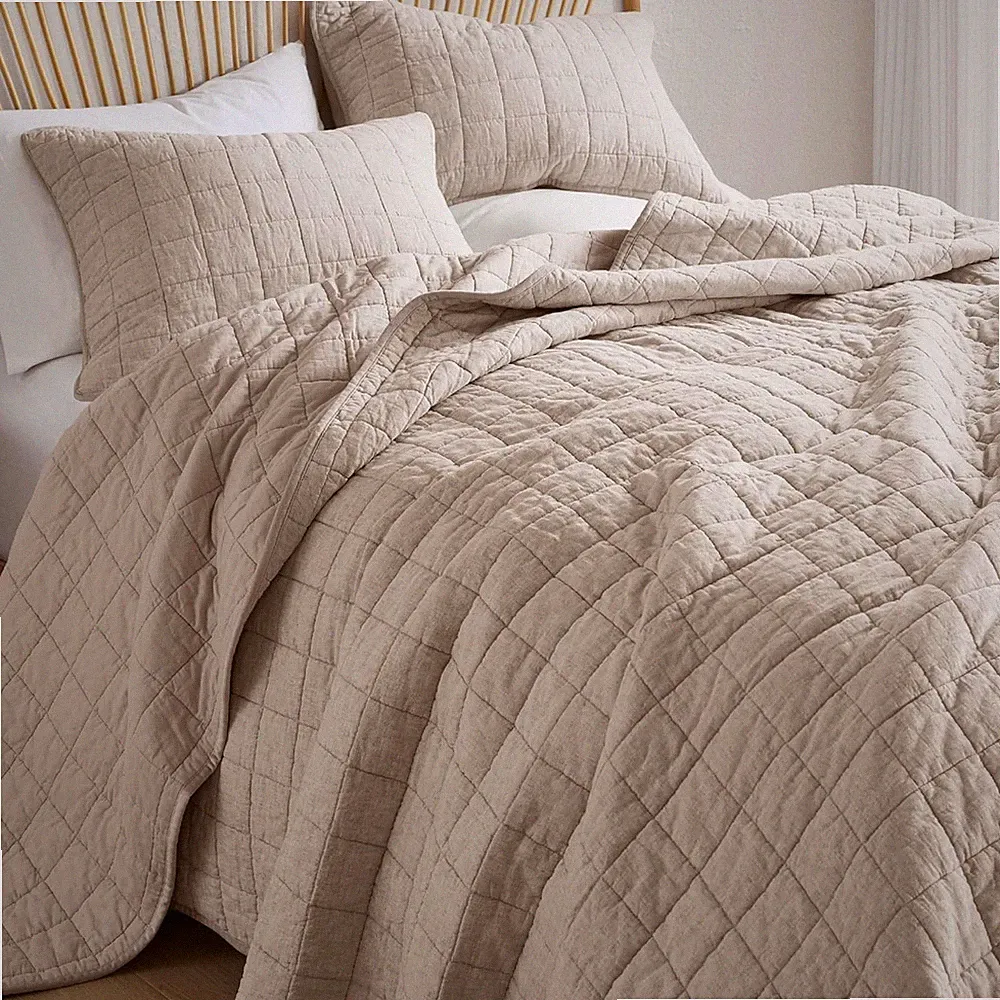 Linen Quilt Set Queen Size - Breathable Box Stitched European Flax Bedding Set f