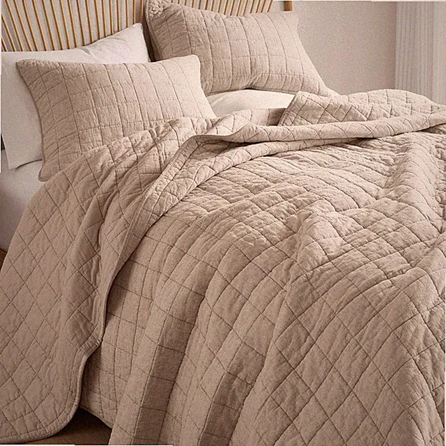 Luxury Linen Quilt Set King Size European Flax Cotton Blend Bedding Bedspread