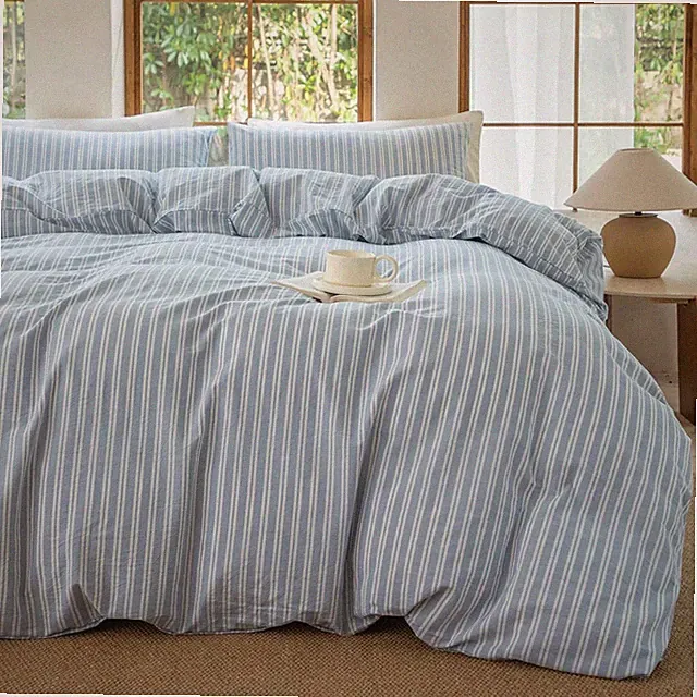Luxury Washed Cotton Linen Duvet Cover Set, 3 Pcs, Striped Queen Size