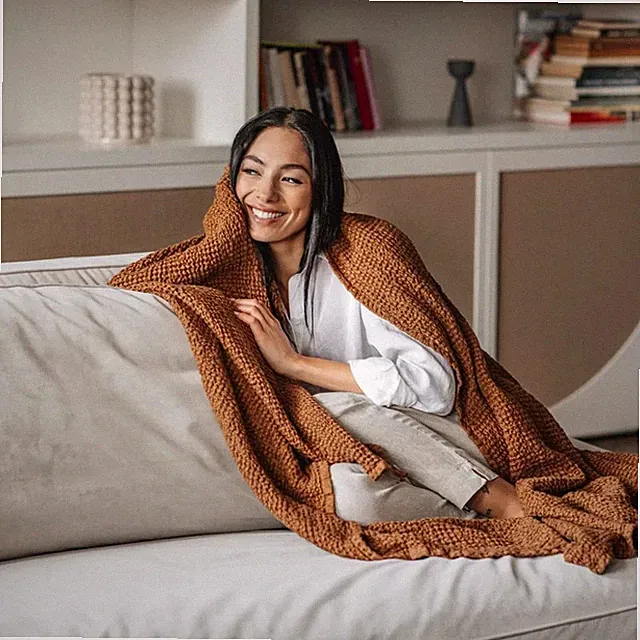 Magic Linen Cinnamon Linen Cotton Blend Waffle Throw 53" X 81"
