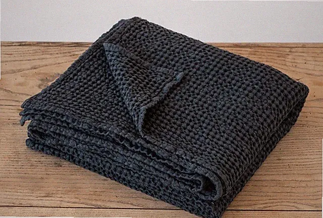 Magic Linen Dark Gray Waffle Throw Blanket 53”x81” Linen Cotton Handmade