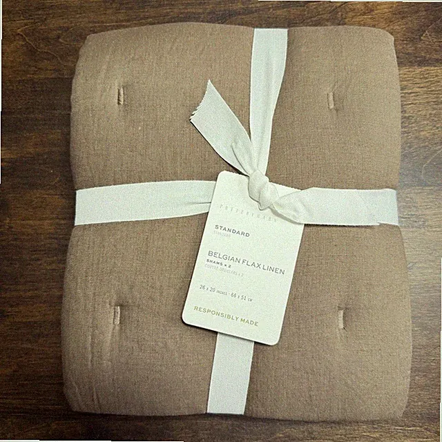 POTTERY BARN BELGIAN FLAX LINEN COMFORTER PILLOW SHAM SET (2), STANDARD ~ MOCHA