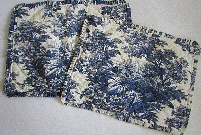 Pottery Barn Blue & White Matine Toile Linen Cotton Standard Pillow Shams Set 2