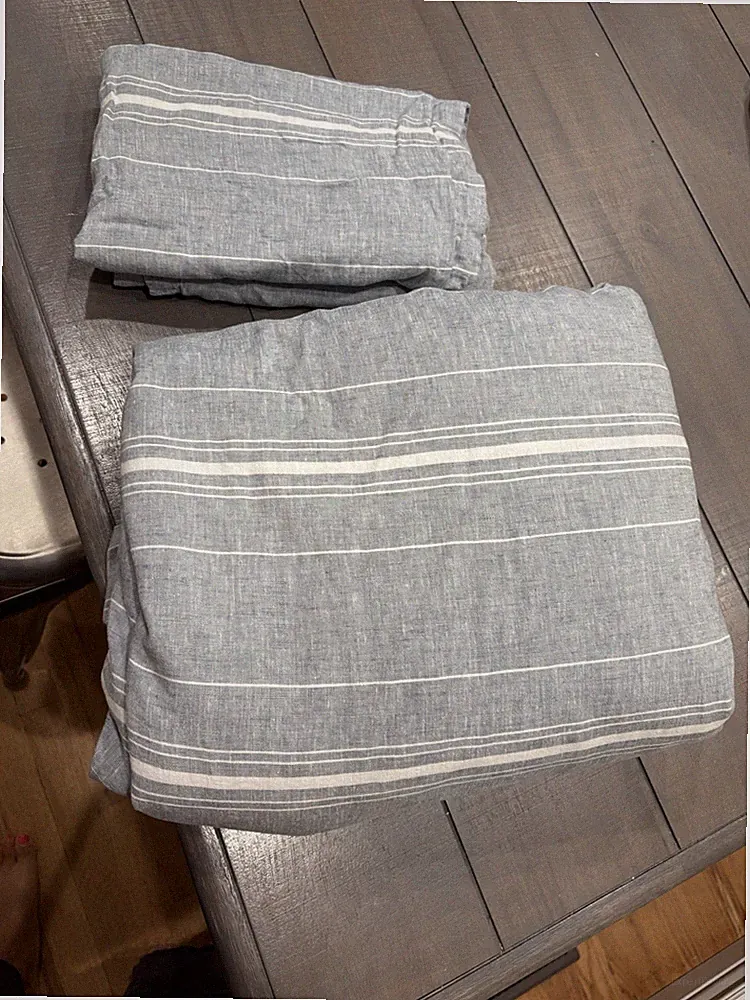 Pottery Barn HENDERSON TENCEL LINEN Blend STRIPE Blue Queen Duvet Cover + Shams