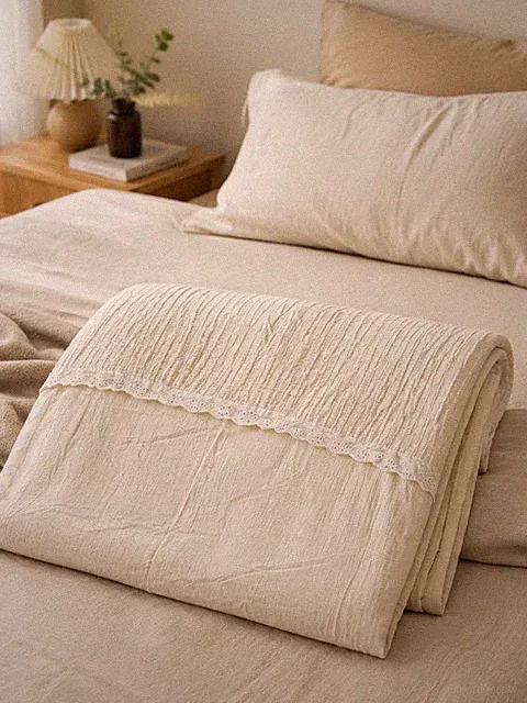 Queen Linen Blend Quilt Lightweight Breathable Summer Blanket White