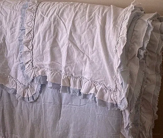 Simply Shabby Chic Linen Cotton White Blue Raw Edge Ruffled Comforter Set - King