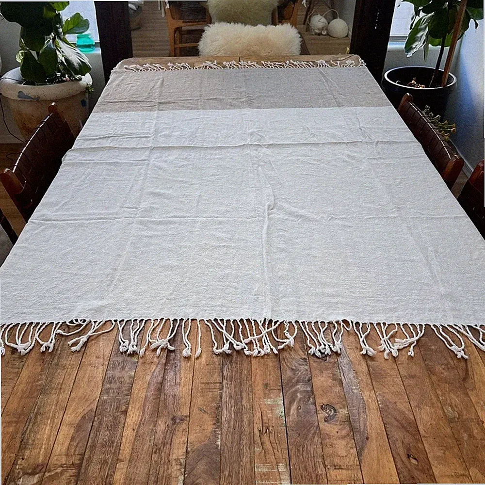 Storehouse Linen Blend Fringed Throw Blanket Two Tone Beige 57 x 47