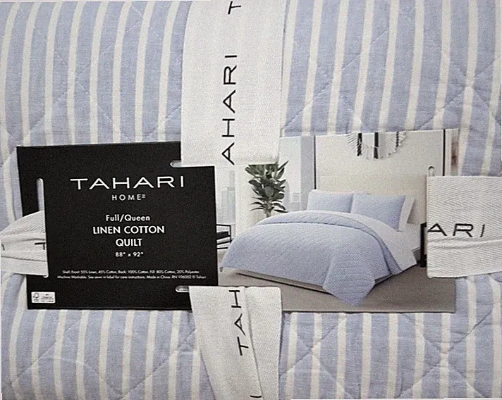 Tahari Blue and White Linen Cotton Blend European Grown Flax Queen Quilt 88”x92”