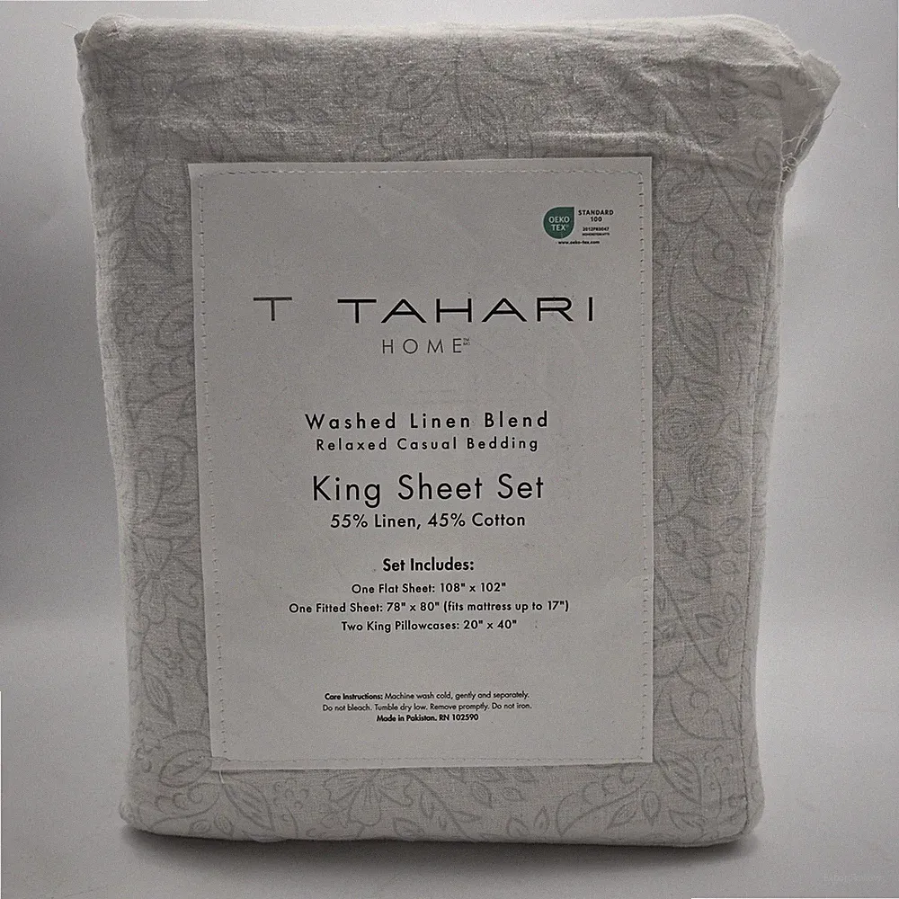Tahari King Washed Linen Blend Casual Sheet Set Of Soft Blue Floral Sheets
