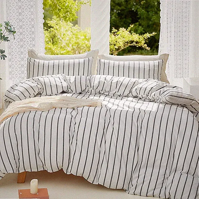 White Striped Duvet Cover Set 100% Washed Cotton Linen like Super Soft Breathabl
